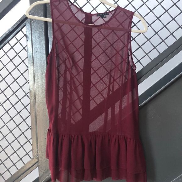 Theory peplum ruffle maroon sleeveless sheer top - Picture 3 of 7